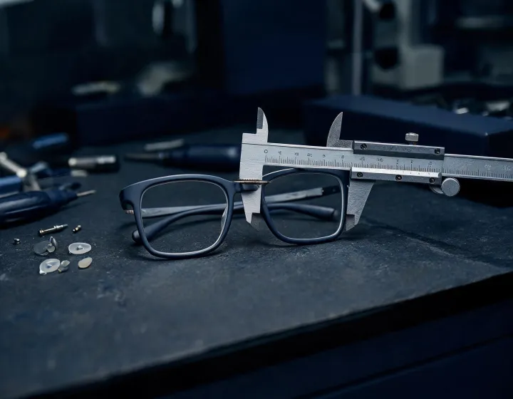 Square glasses frames layout on an optical bench, illustration only